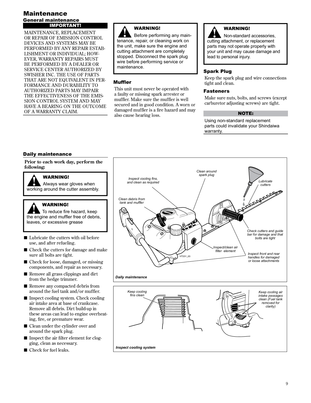 Shindaiwa 89309 manual Maintenance, General maintenance, Daily maintenance, Spark Plug, Fasteners 