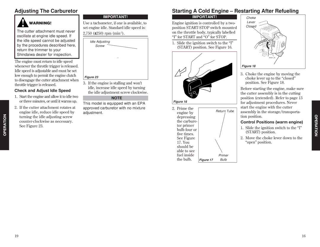 Shindaiwa 63848-94010, AH231 specifications Check and Adjust Idle Speed, Control Positions warm engine 