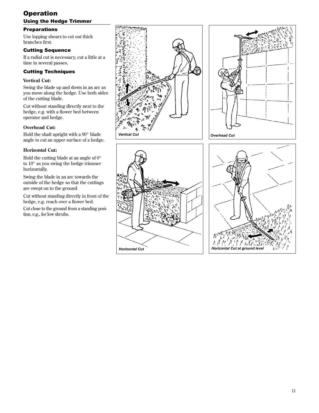 Shindaiwa AH2510/EVC, 89310 manual Operation, Using the Hedge Trimmer Preparations, Cutting Sequence, Cutting Techniques 