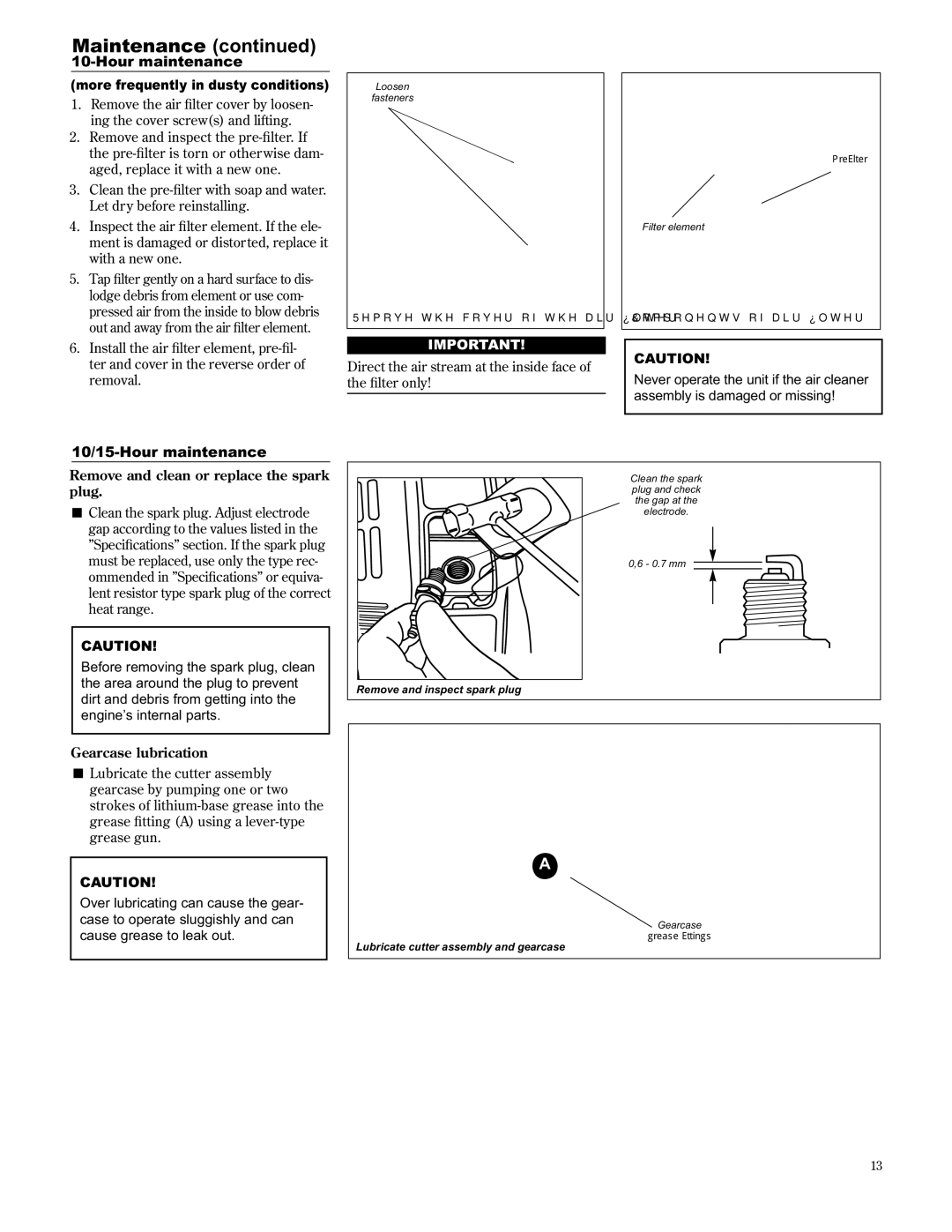 Shindaiwa 89310, AH2510/EVC manual 10/15-Hour maintenance, Direct the air stream at the inside face of the ﬁlter only 