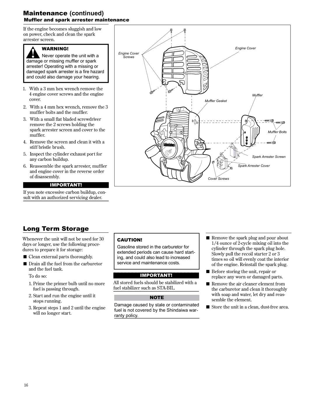 Shindaiwa 89310, AH2510/EVC manual Long Term Storage, 0XIÁHUDQGVSDUNDUUHVWHU Dlqwhqdqfh 