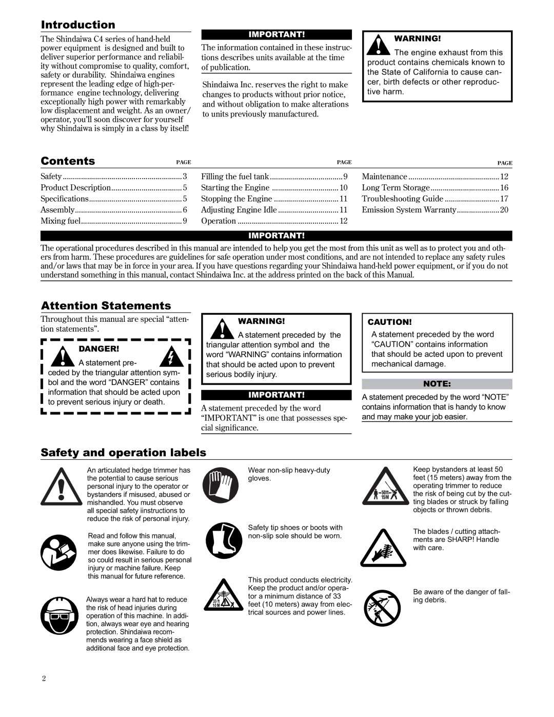 Shindaiwa AH2510/EVC, 89310 manual Introduction, Contents, Safety and operation labels 