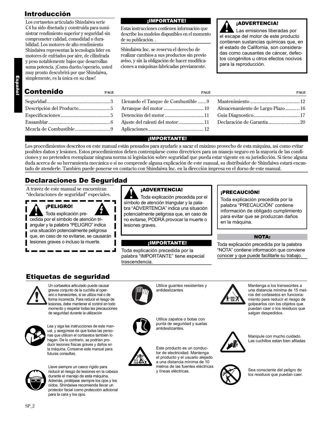 Shindaiwa AH2510/EVC, 89310 manual Introducción, Declaraciones De Seguridad, Etiquetas de seguridad 