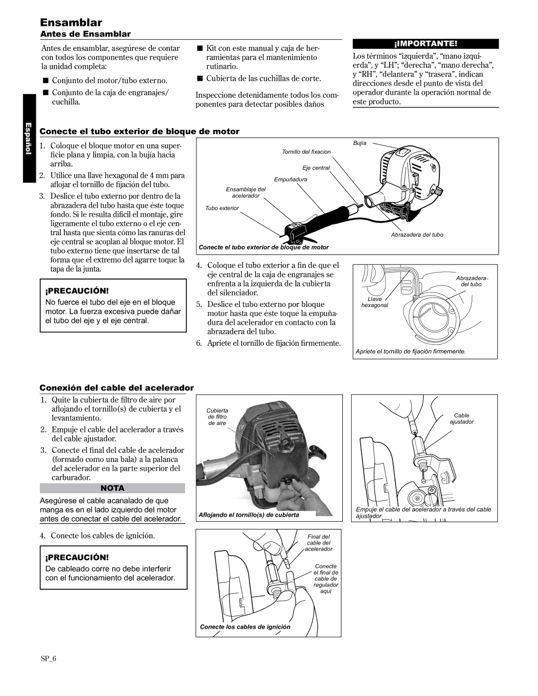 Shindaiwa AH2510/EVC, 89310 manual Antes de Ensamblar, Conecte el tubo exterior de bloque de motor 