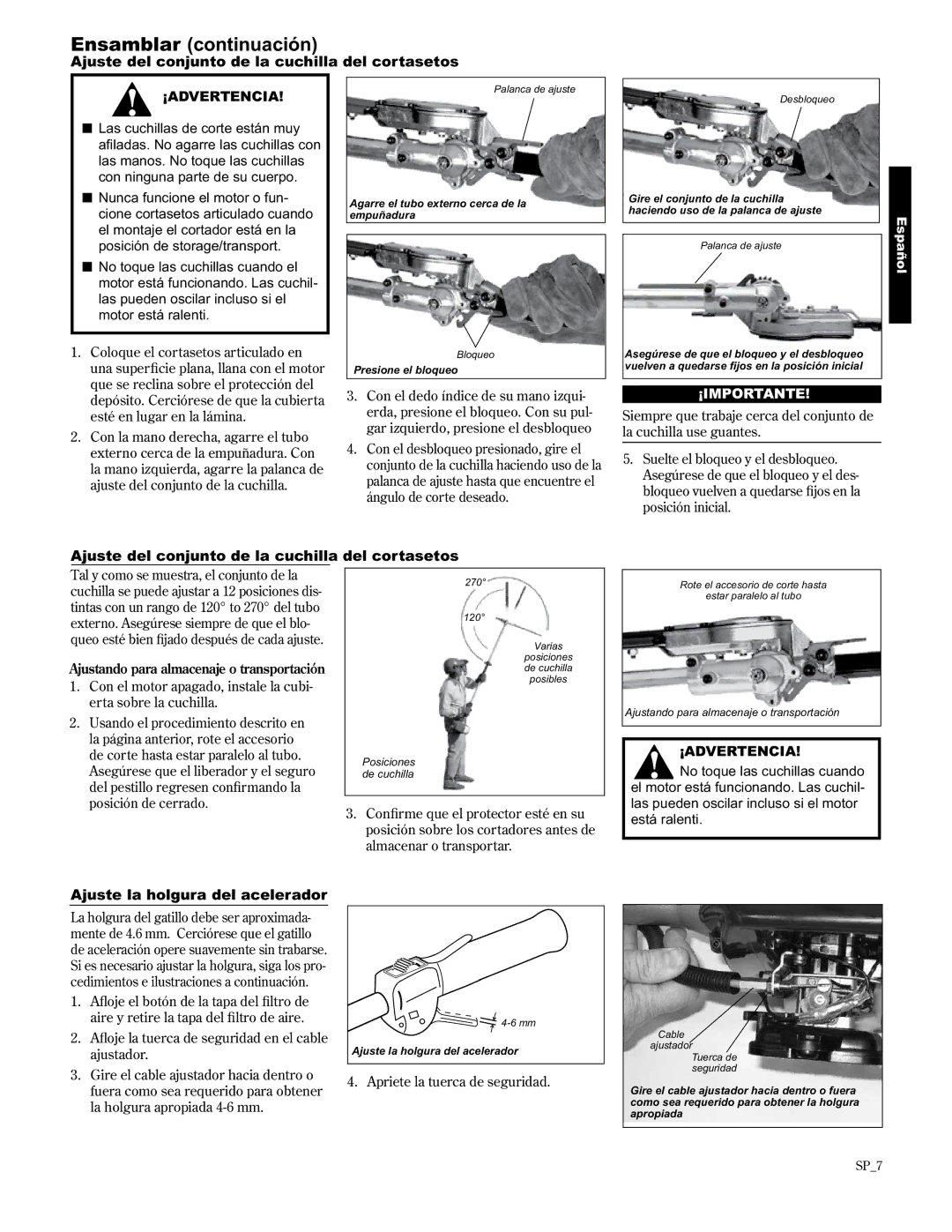 Shindaiwa 89310, AH2510/EVC manual Ensamblar continuación, Ajuste del conjunto de la cuchilla del cortasetos 