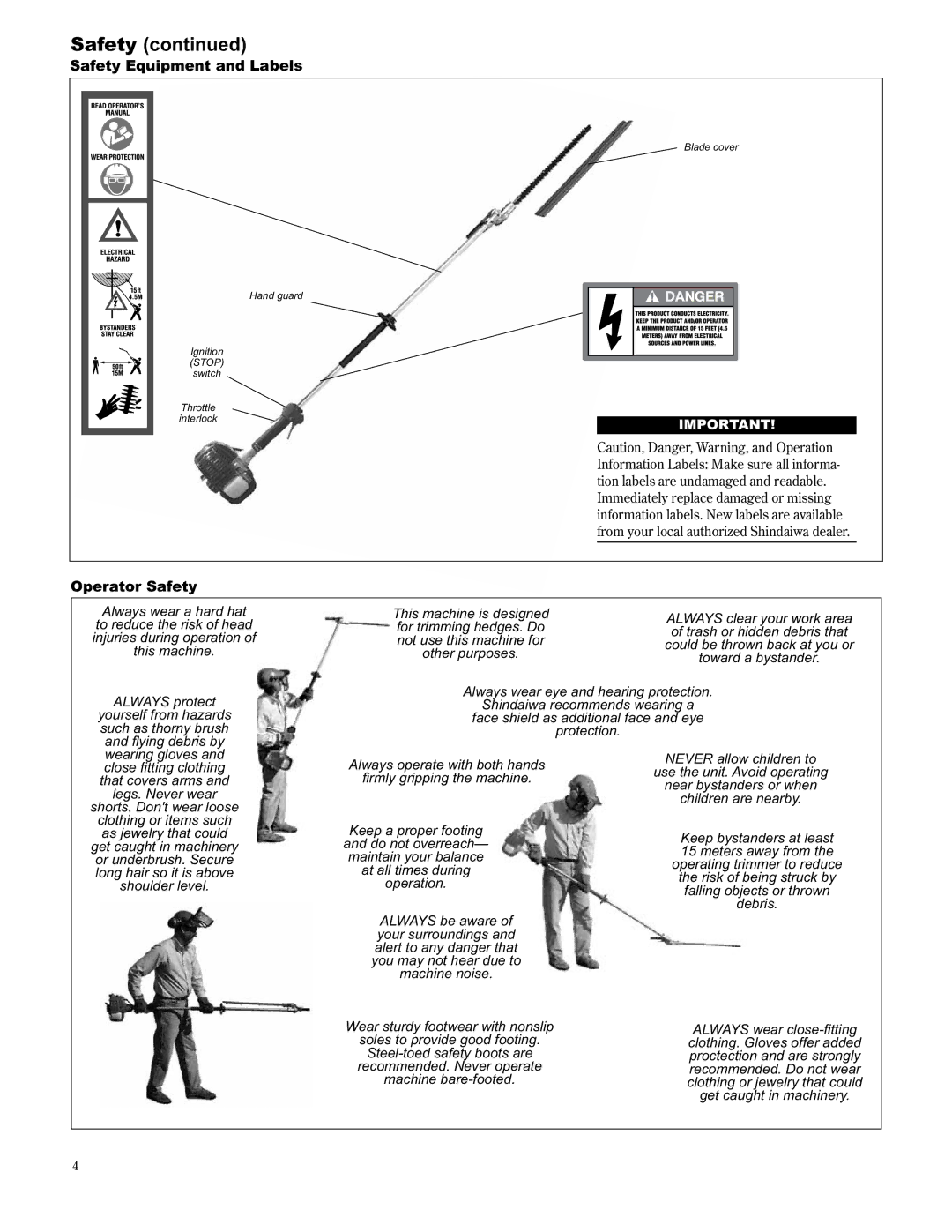 Shindaiwa 89310, AH2510/EVC manual Safety Equipment and Labels, Operator Safety 