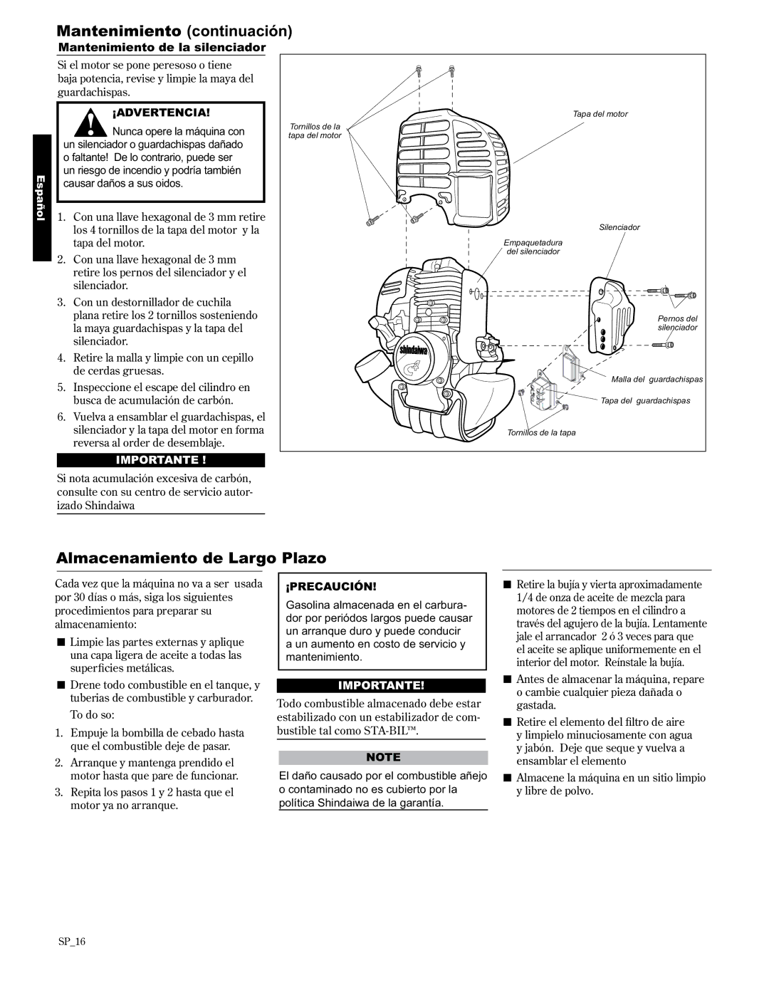 Shindaiwa 89310, AH2510/EVC manual Almacenamiento de Largo Plazo, Mantenimiento de la silenciador 