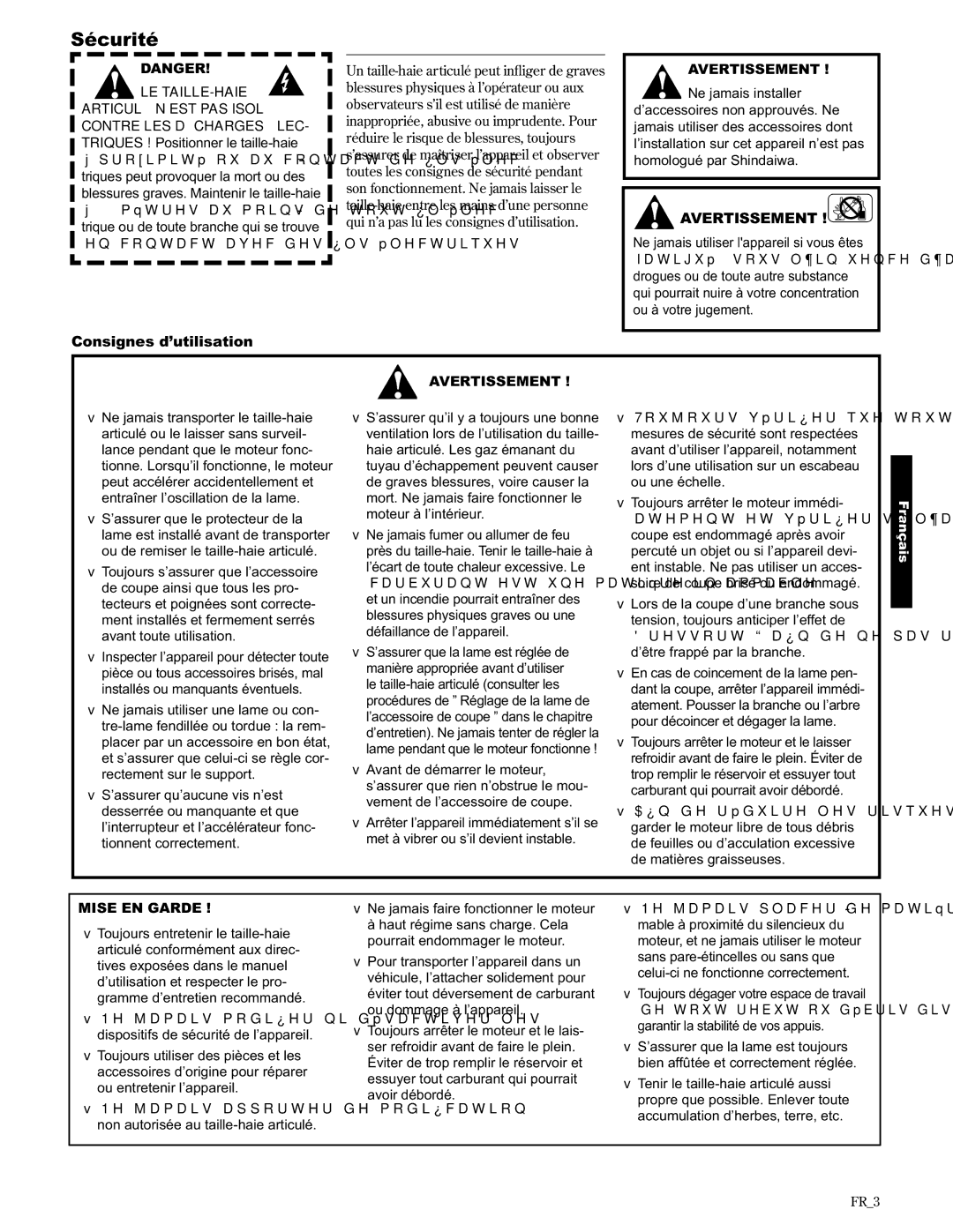 Shindaiwa AH2510/EVC, 89310 manual Sécurité, Consignes d’utilisation 