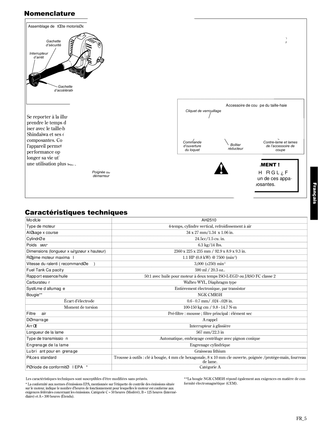 Shindaiwa AH2510/EVC, 89310 manual Nomenclaature, Caractéristiques techniques, Une utilisation plus sûre, Ement 