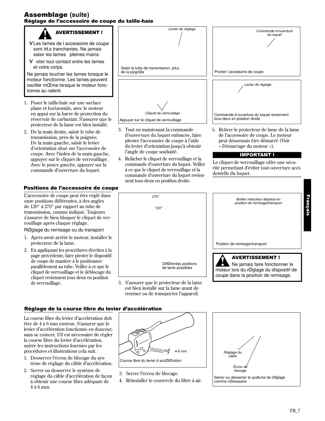 Shindaiwa 89310 Assemblage suite, Réglage de l’accessoire de coupe du taille-haie, Positions de l’accessoire de coupe 