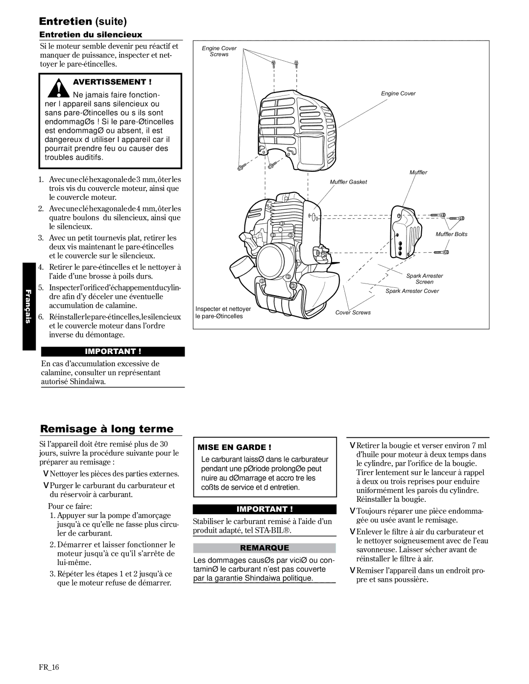 Shindaiwa 89310, AH2510/EVC manual Remisage à long terme, Entretien du silencieux 