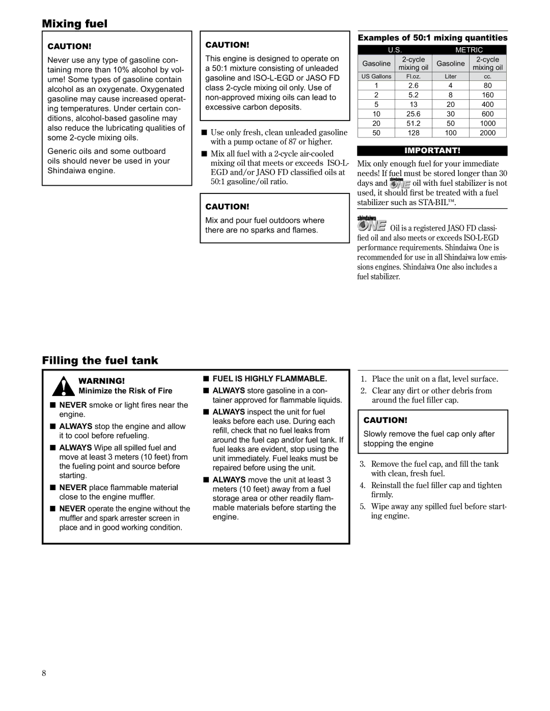 Shindaiwa AH2510, 89310 Mixing fuel, Filling the fuel tank, Examples of 501 mixing quantities, Minimize the Risk of Fire 
