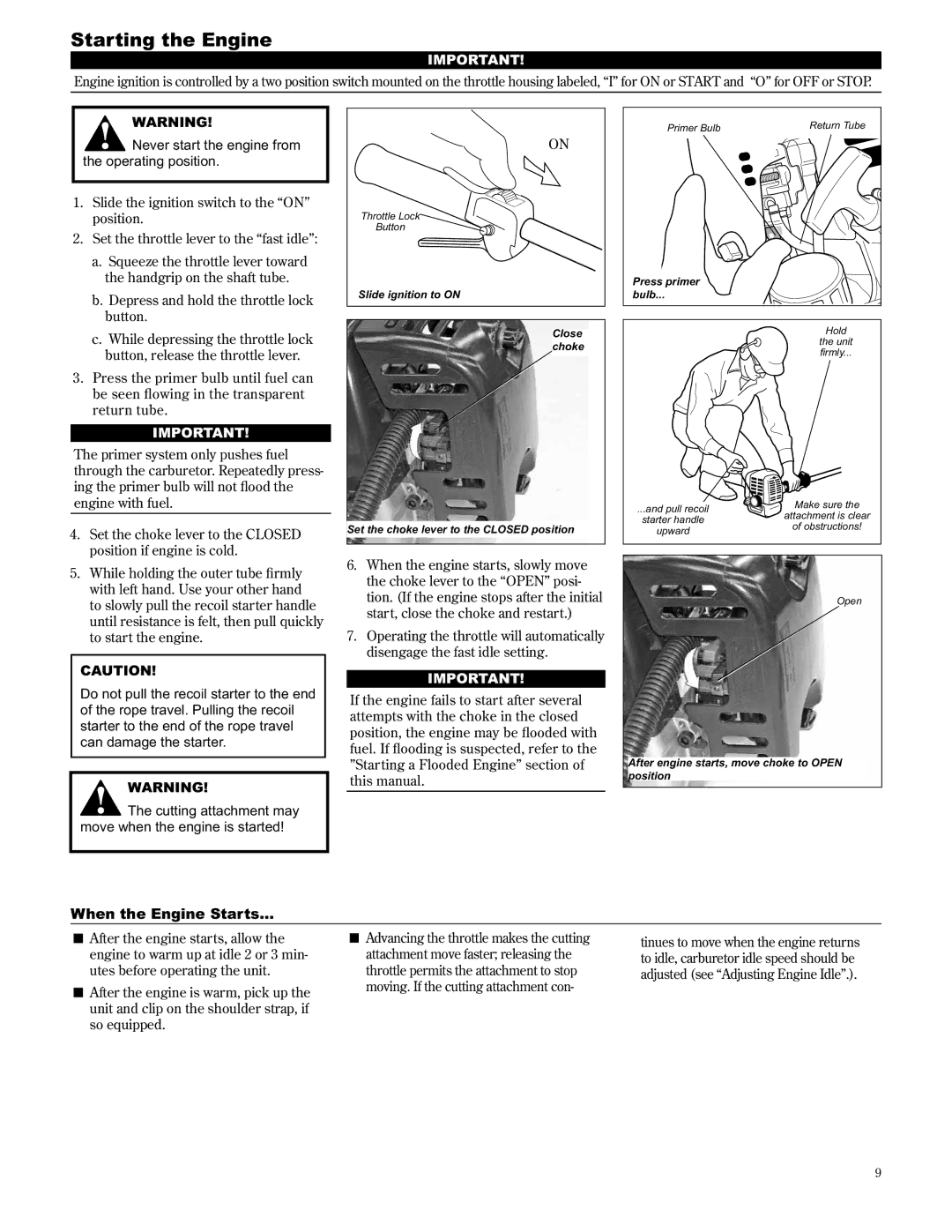 Shindaiwa AH2510/EVC, 89310 manual Starting the Engine, When the Engine Starts, Depress and hold the throttle lock button 