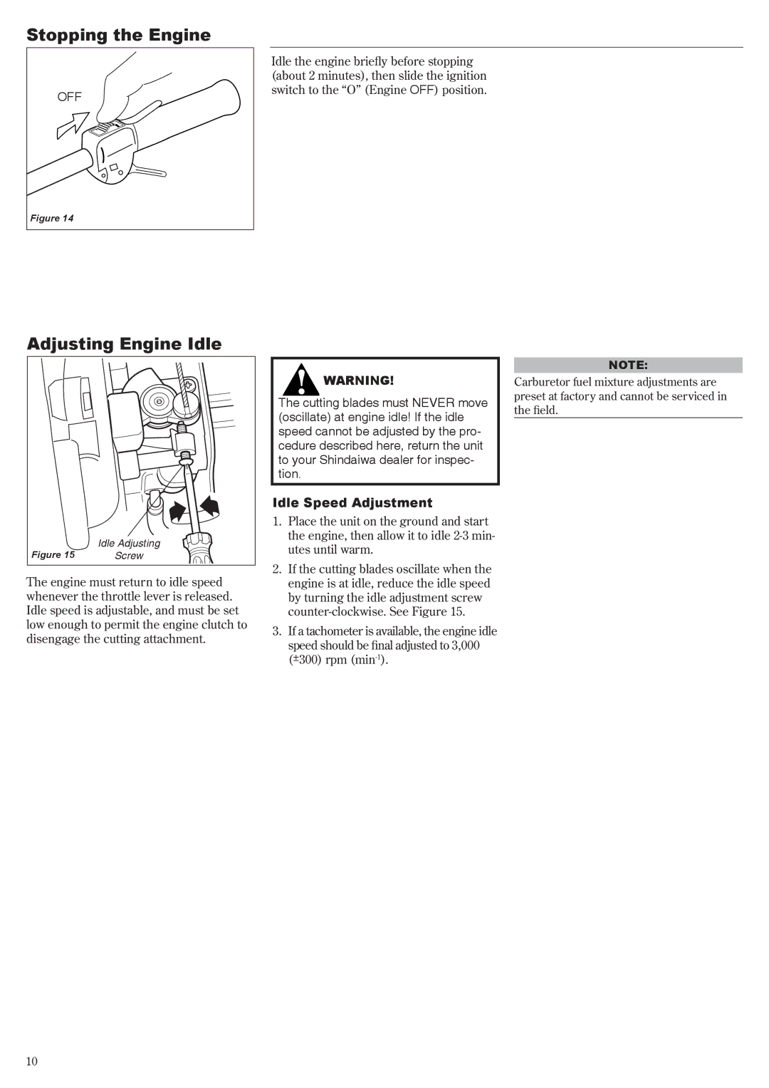 Shindaiwa AHS2510, 68800-94313 manual Stopping the Engine, Adjusting Engine Idle, Idle Speed Adjustment 