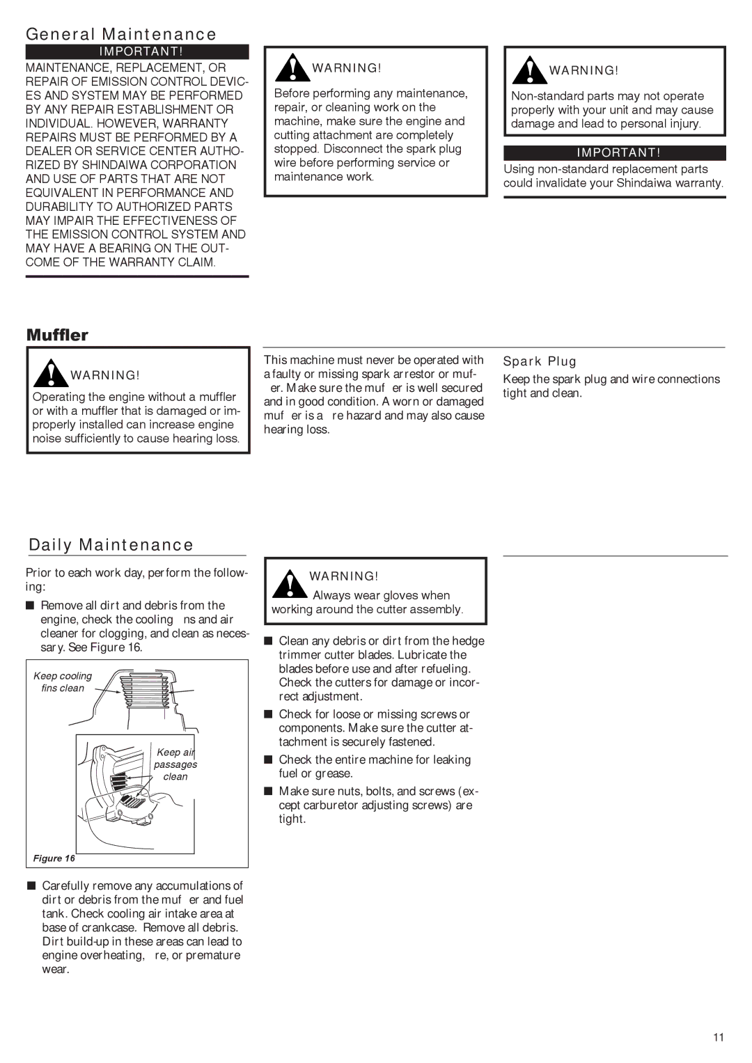 Shindaiwa 68800-94313, AHS2510 manual General Maintenance, Muffler, Daily Maintenance, Spark Plug 