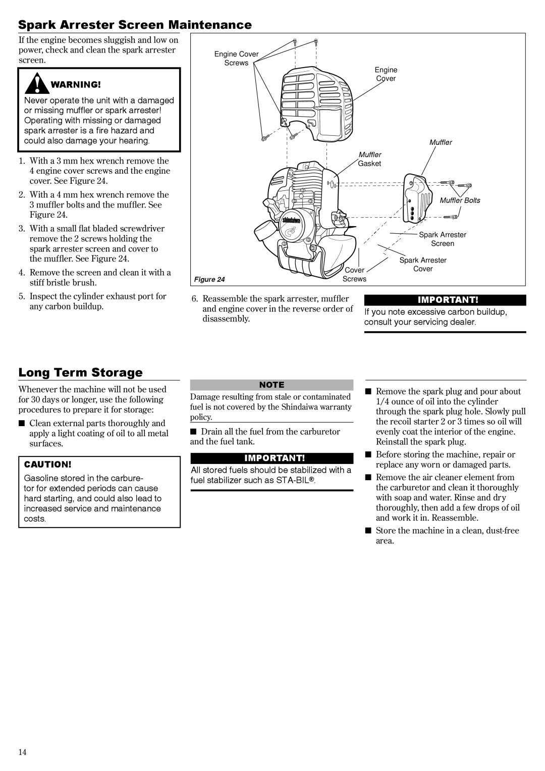 Shindaiwa AHS2510, 68800-94313 manual Spark Arrester Screen Maintenance, Long Term Storage 