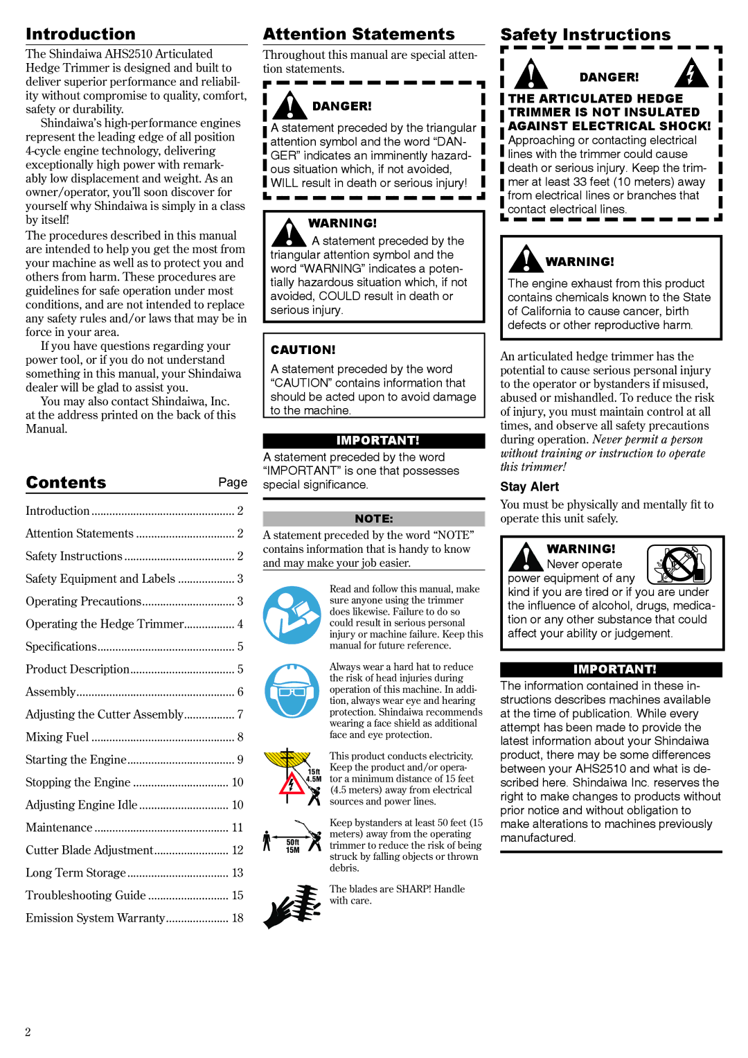 Shindaiwa AHS2510, 68800-94313 manual Introduction, Contents, Safety Instructions 