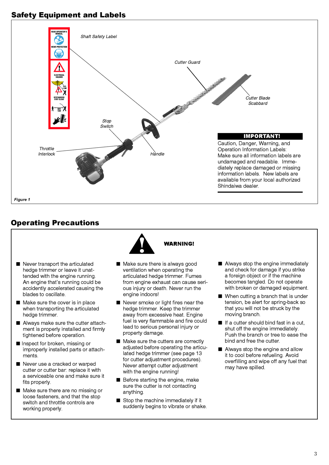 Shindaiwa 68800-94313, AHS2510 manual Safety Equipment and Labels, Operating Precautions 