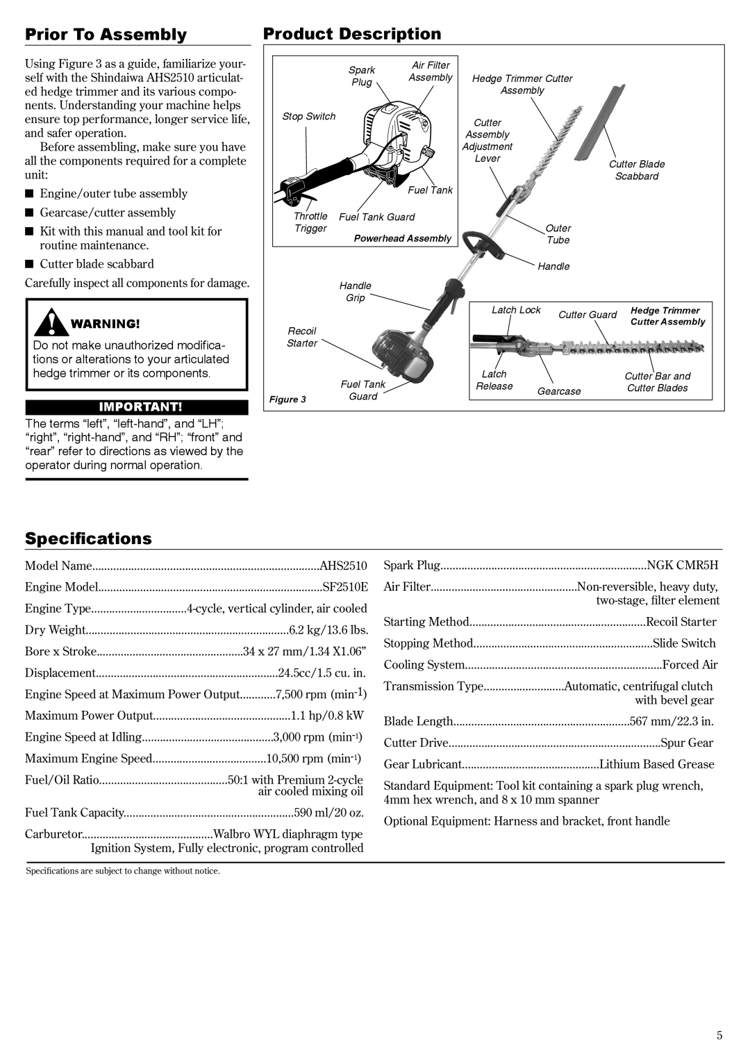 Shindaiwa 68800-94313, AHS2510 manual Prior To Assembly, Product Description, Specifications 