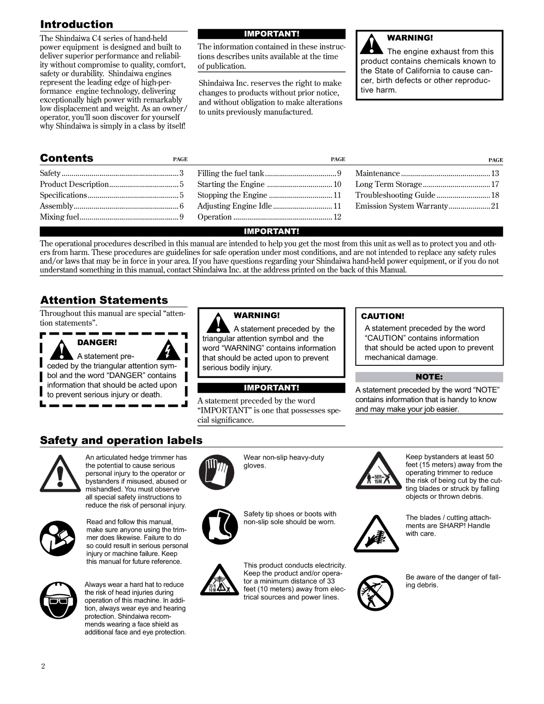 Shindaiwa AHS2510/EVC manual Introduction, Contents, Safety and operation labels 