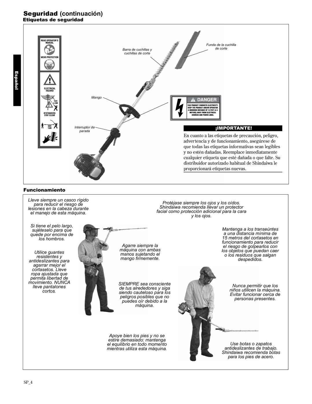 Shindaiwa AHS2510/EVC manual Seguridad continuación, Etiquetas de seguridad, Funcionamiento 