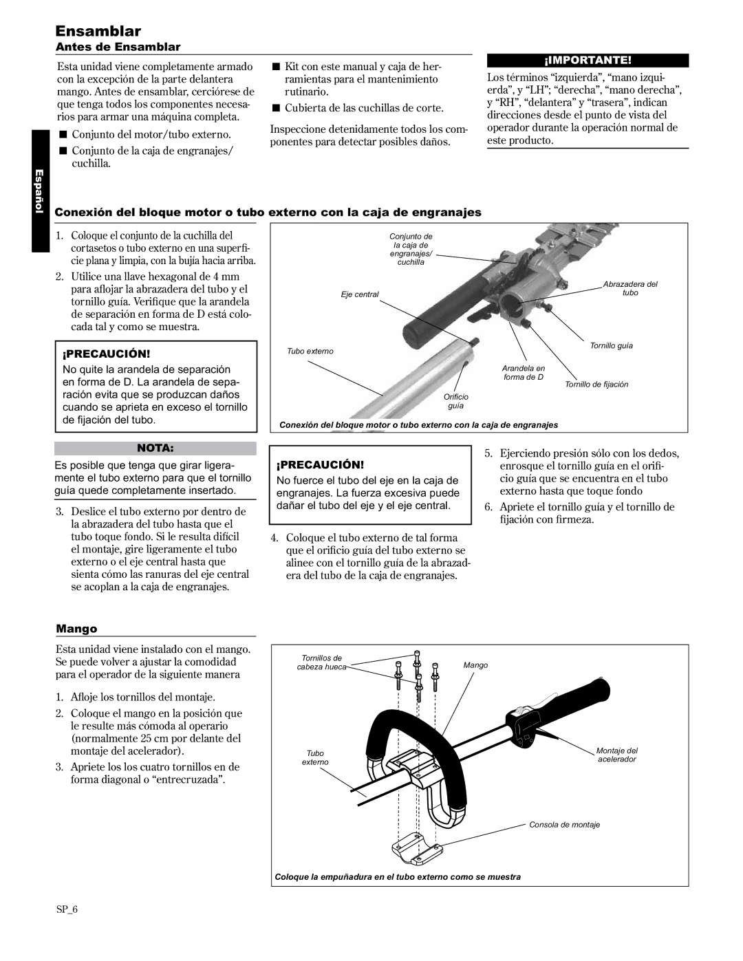 Shindaiwa AHS2510/EVC manual Antes de Ensamblar, Mango 