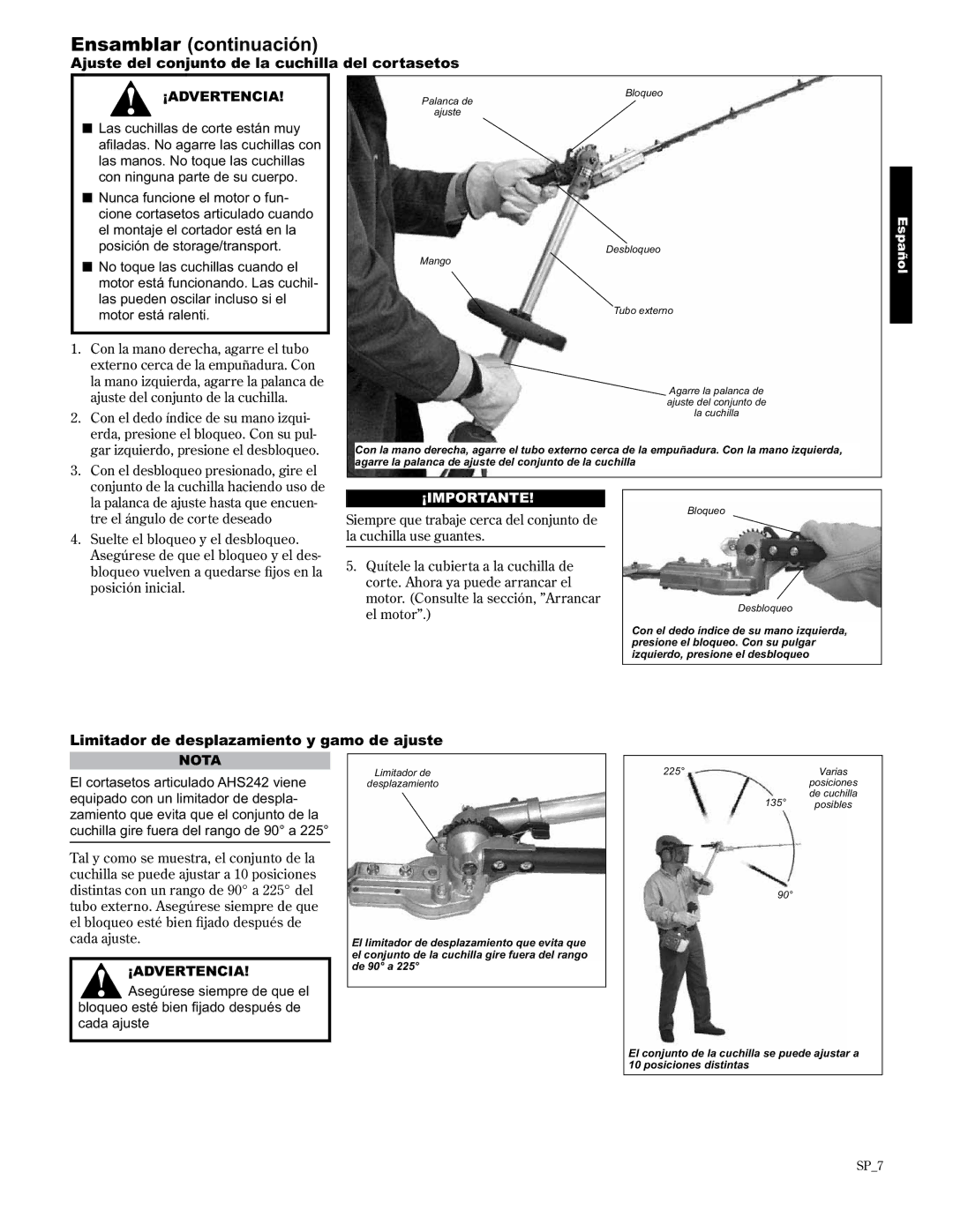 Shindaiwa AHS2510/EVC manual Ensamblar continuación, Ajuste del conjunto de la cuchilla del cortasetos 