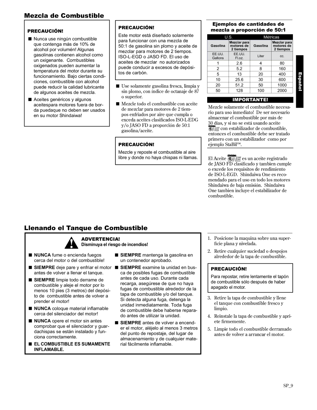 Shindaiwa AHS2510/EVC manual Mezcla de Combustible, Llenando el Tanque de Combustible, Precaución, Advertencia 