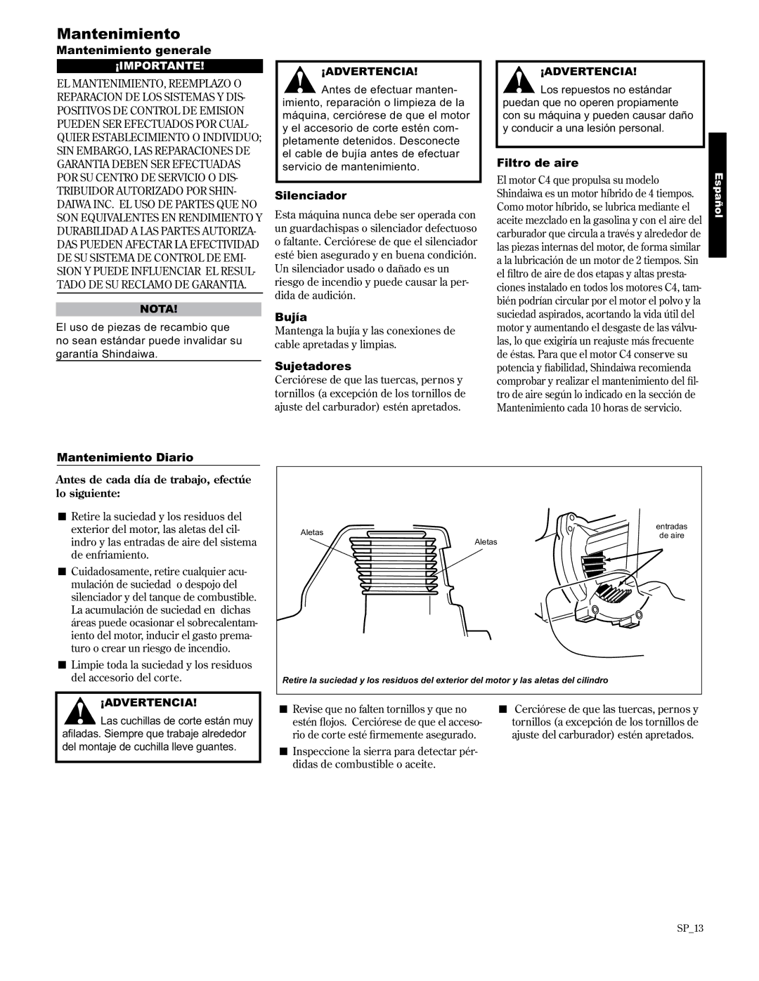 Shindaiwa AHS2510/EVC manual Mantenimiento 