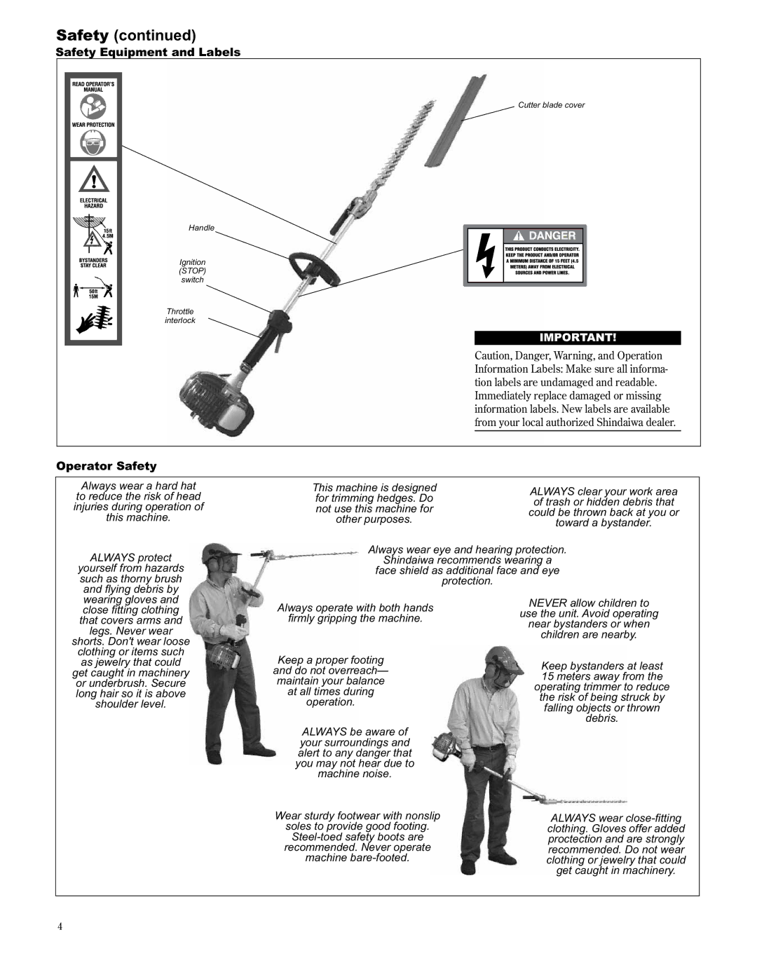 Shindaiwa AHS2510/EVC manual Safety Equipment and Labels, Operator Safety 