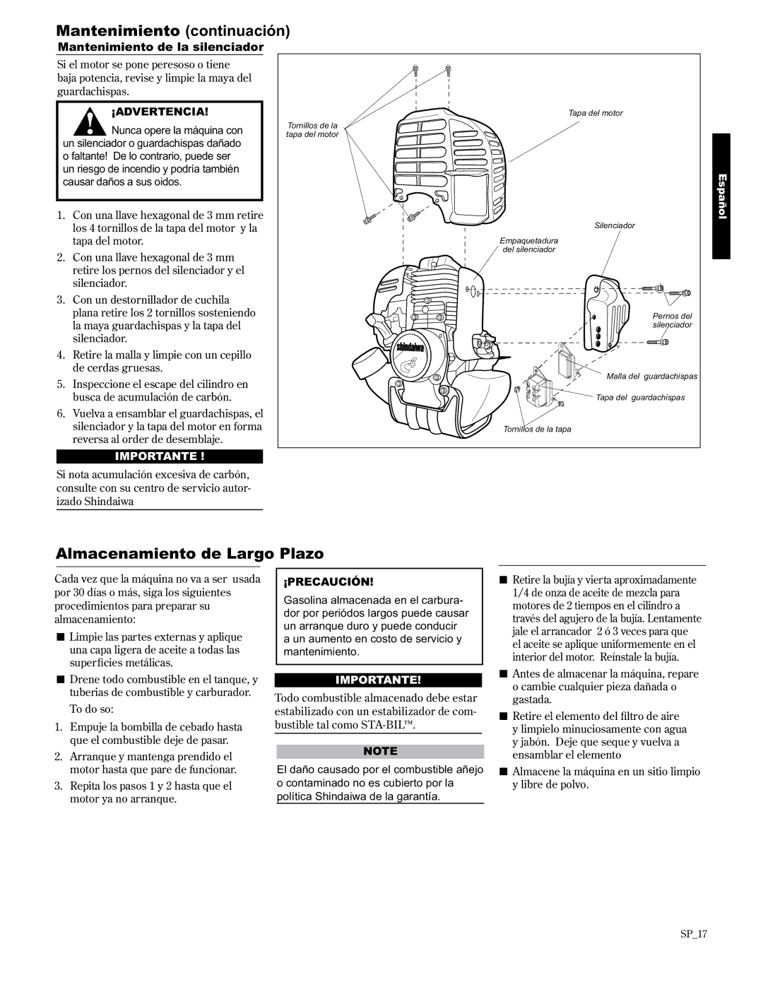 Shindaiwa AHS2510/EVC manual Almacenamiento de Largo Plazo, Mantenimiento de la silenciador 