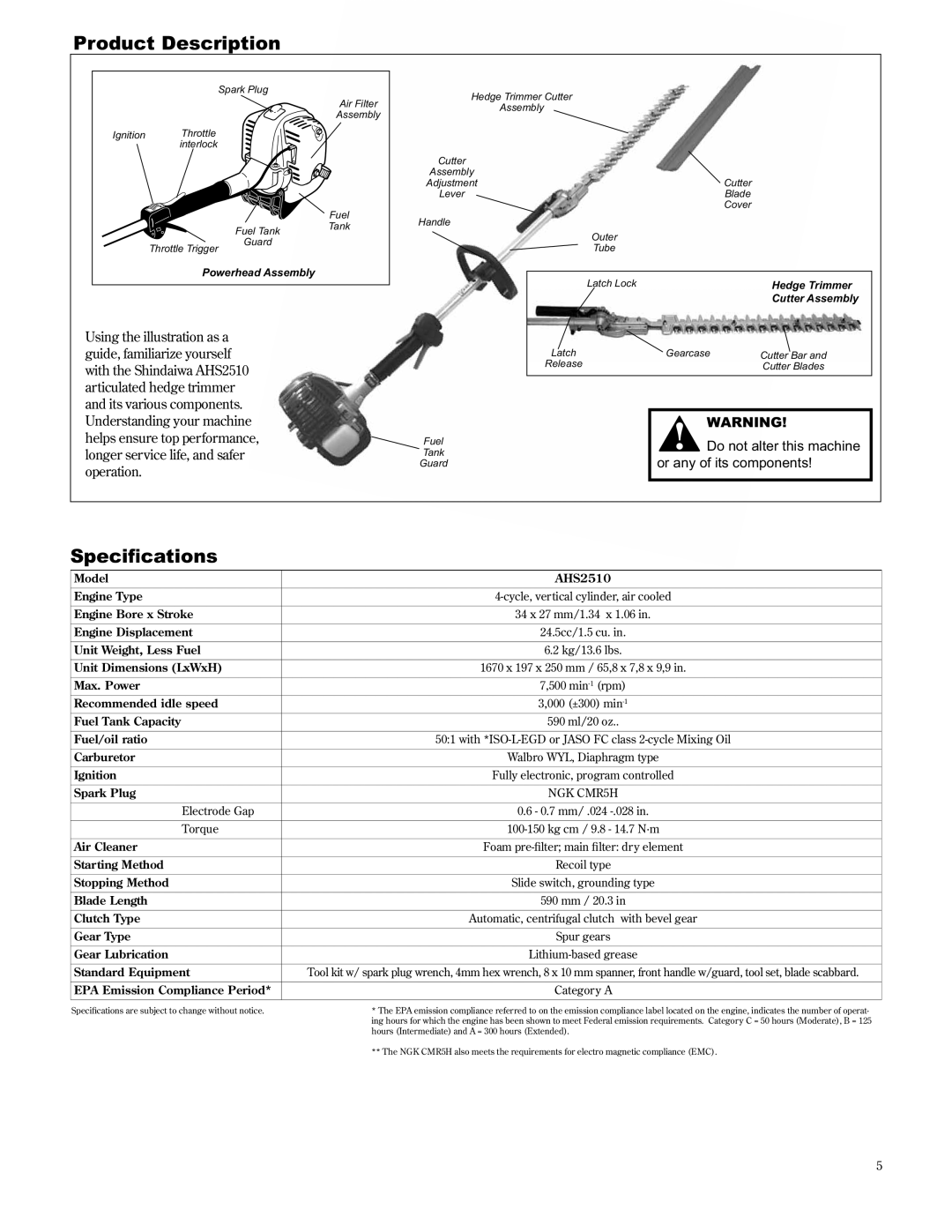 Shindaiwa AHS2510/EVC manual Product Description, 6SHFLÀFDWLRQV 