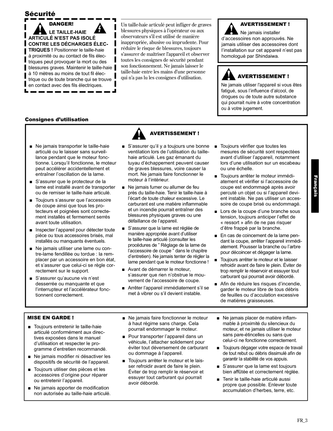 Shindaiwa AHS2510/EVC manual Sécurité, Consignes d’utilisation 