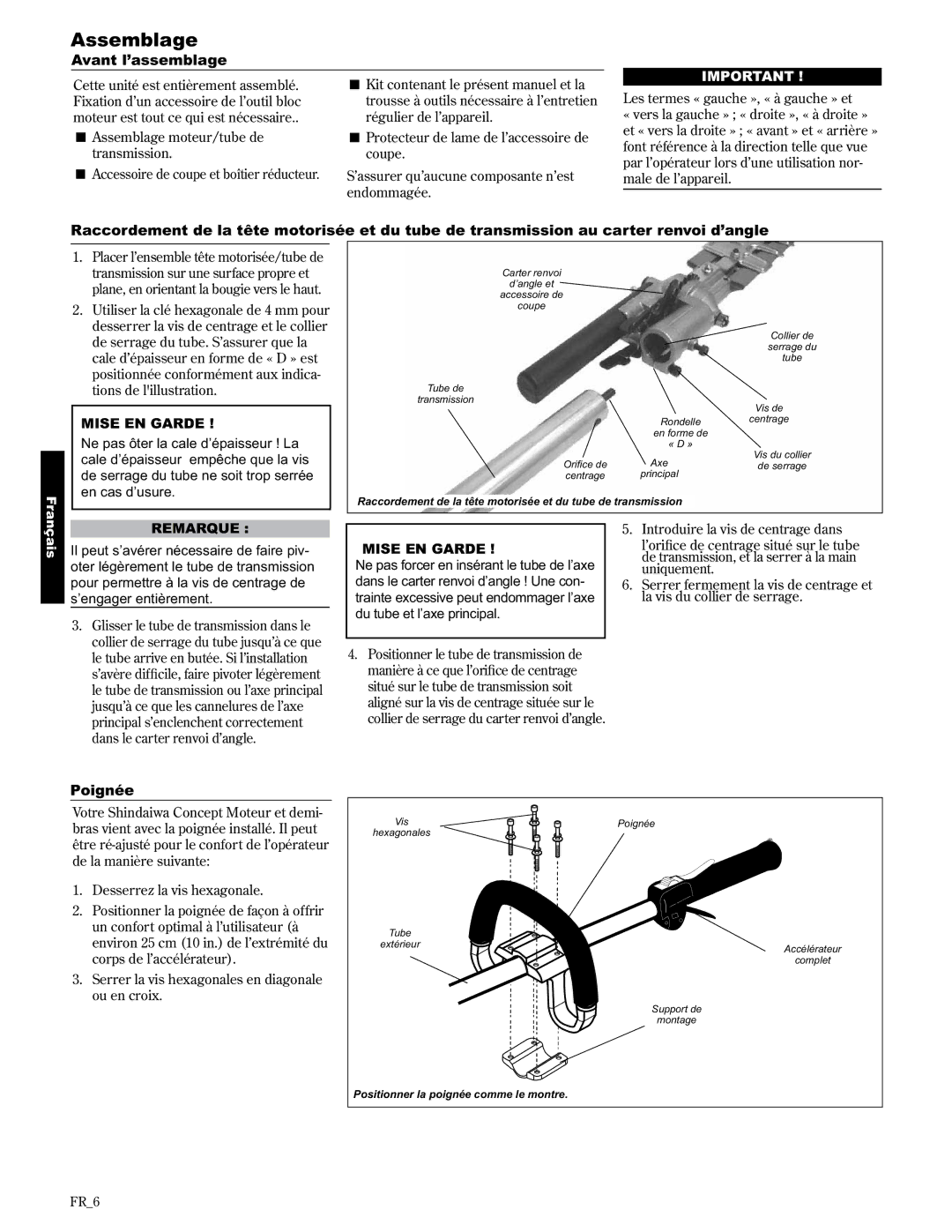 Shindaiwa AHS2510/EVC manual Avant l’assemblage, Poignée, Assemblage moteur/tube de transmission 