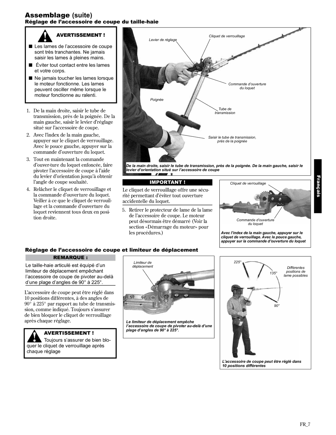 Shindaiwa AHS2510/EVC manual Assemblage suite, Réglage de l’accessoire de coupe du taille-haie 