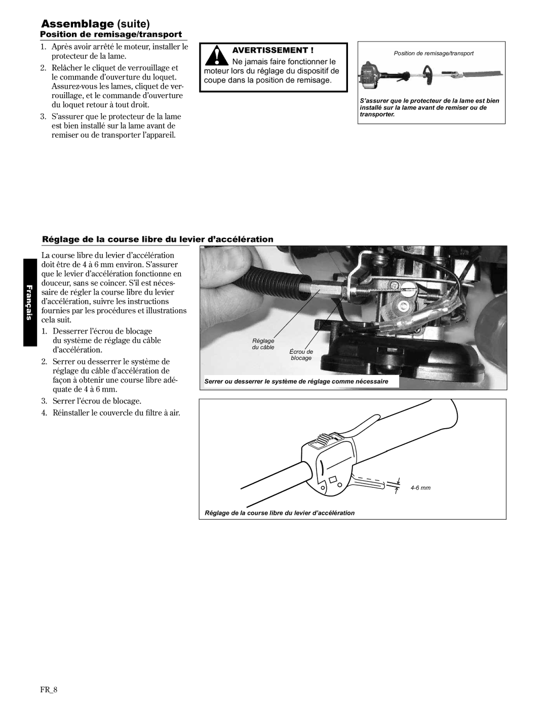 Shindaiwa AHS2510/EVC manual Position de remisage/transport, Réglage de la course libre du levier d’accélération 