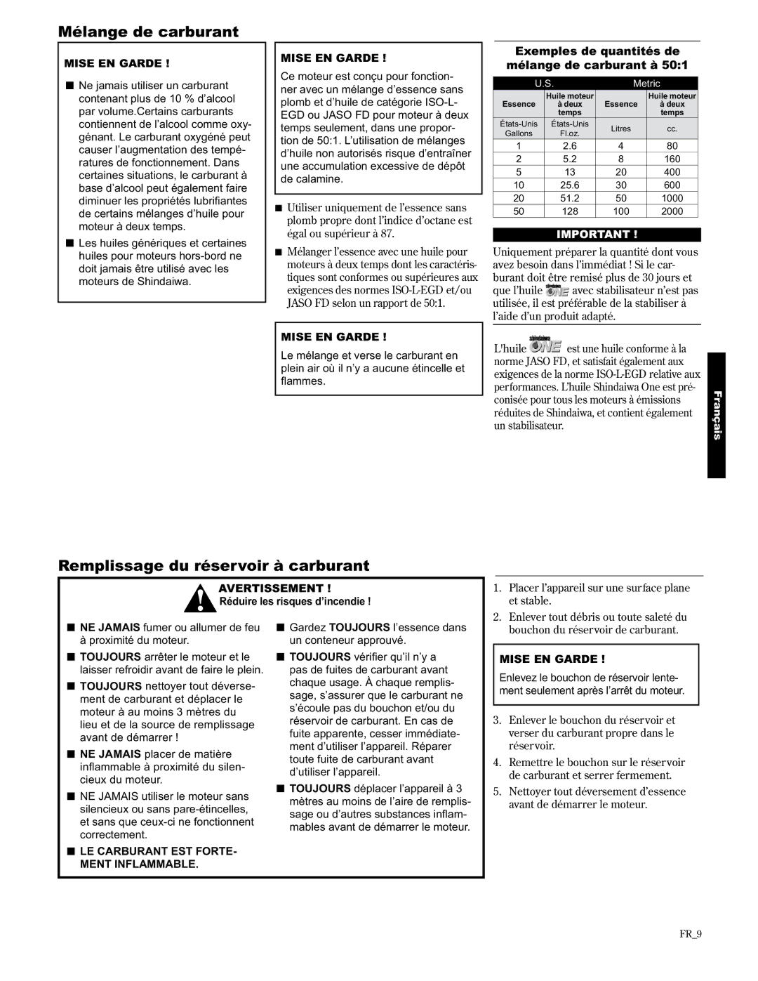 Shindaiwa AHS2510/EVC manual Mélange de carburant, Remplissage du réservoir à carburant, Réduire les risques d’incendie 