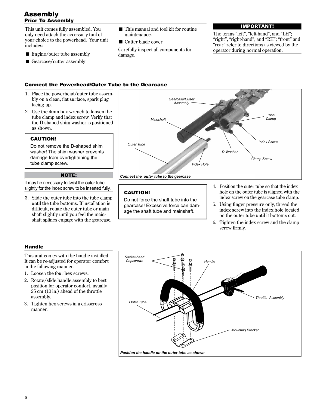 Shindaiwa AHS2510/EVC manual Prior To Assembly, Connect the Powerhead/Outer Tube to the Gearcase, Handle 