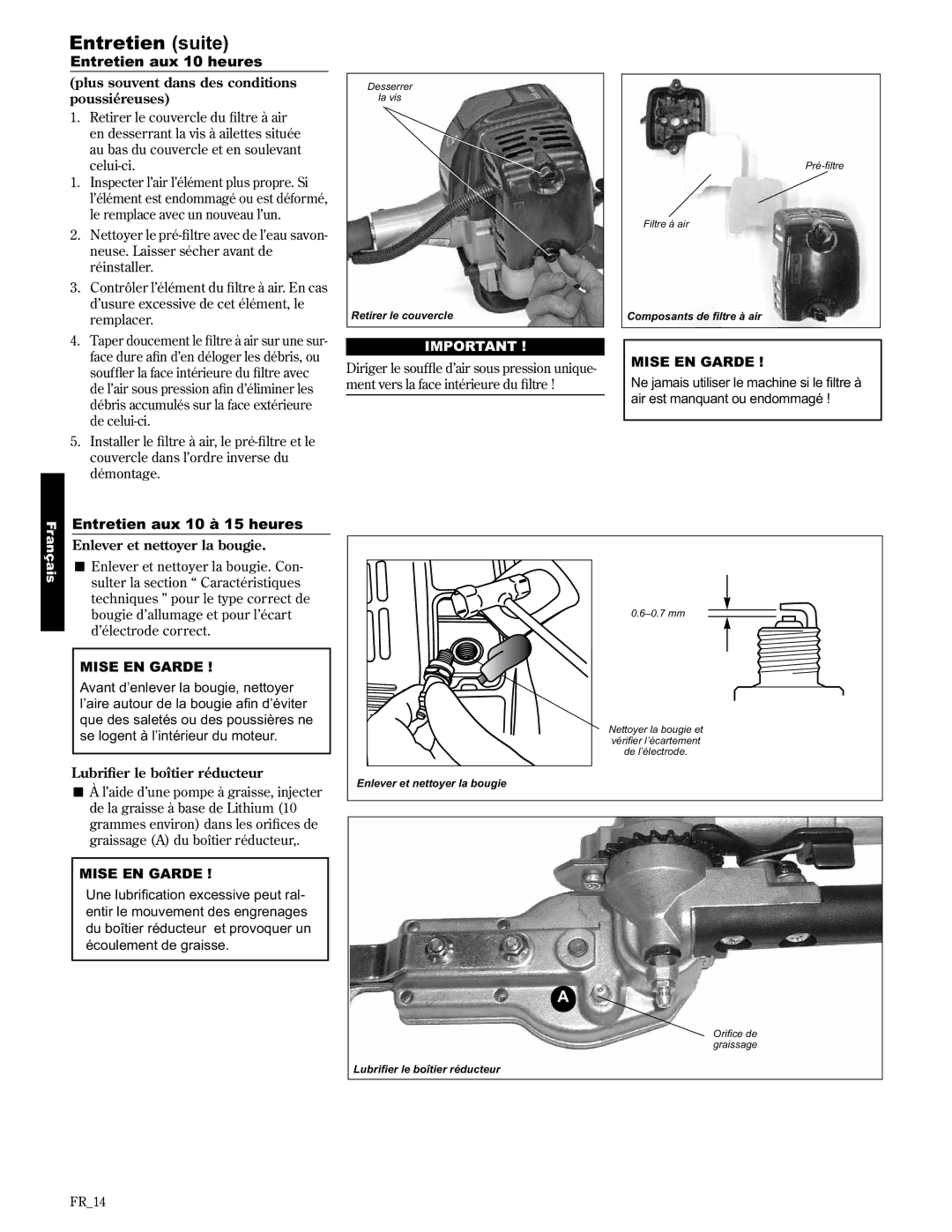 Shindaiwa AHS2510/EVC manual Entretien suite, Entretien aux 10 heures, Entretien aux 10 à 15 heures 