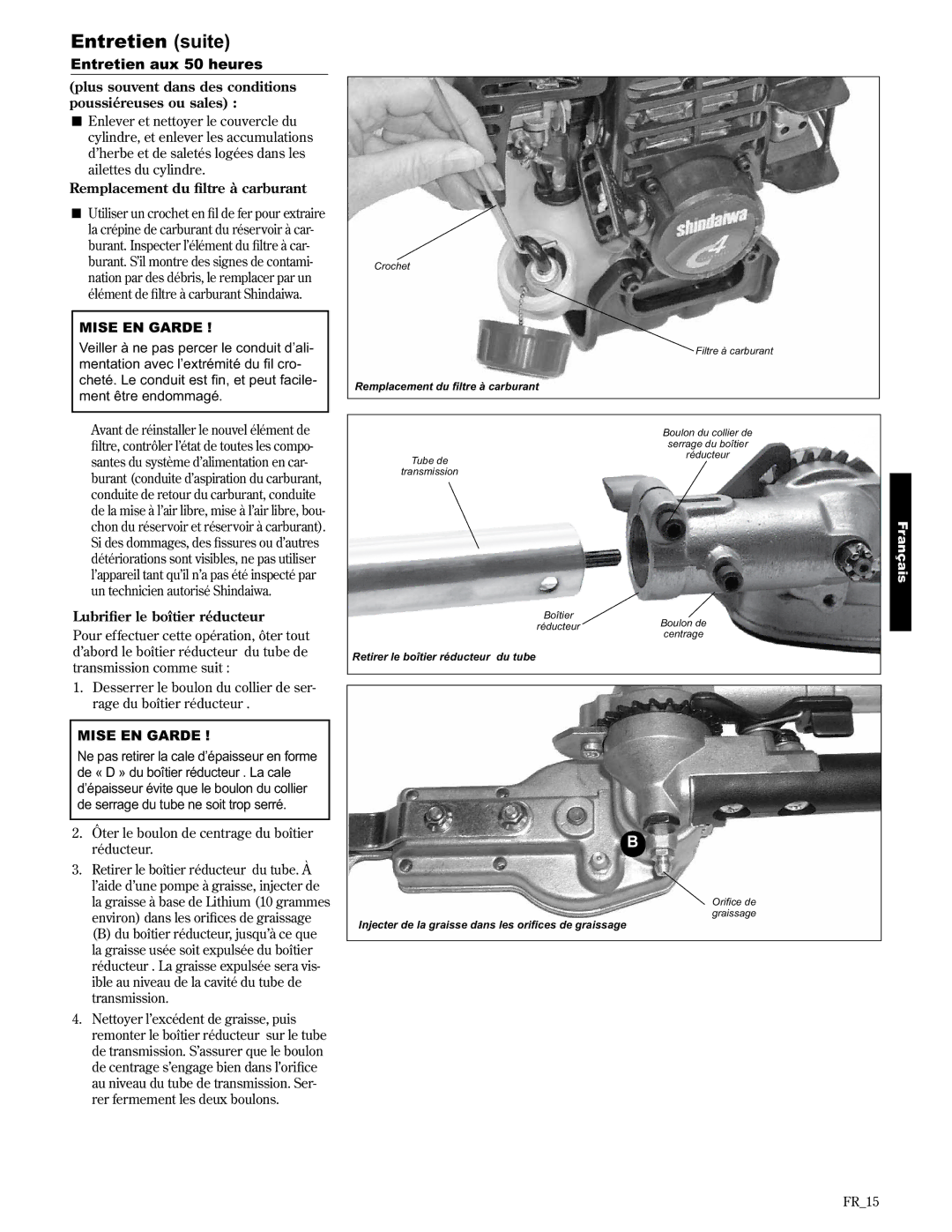 Shindaiwa AHS2510/EVC manual Entretien aux 50 heures, Plus souvent dans des conditions poussiéreuses ou sales 