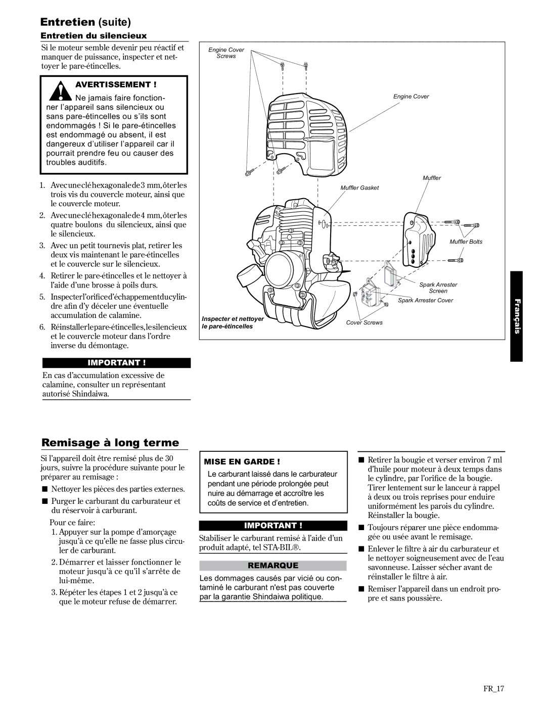 Shindaiwa AHS2510/EVC manual Remisage à long terme, Entretien du silencieux 