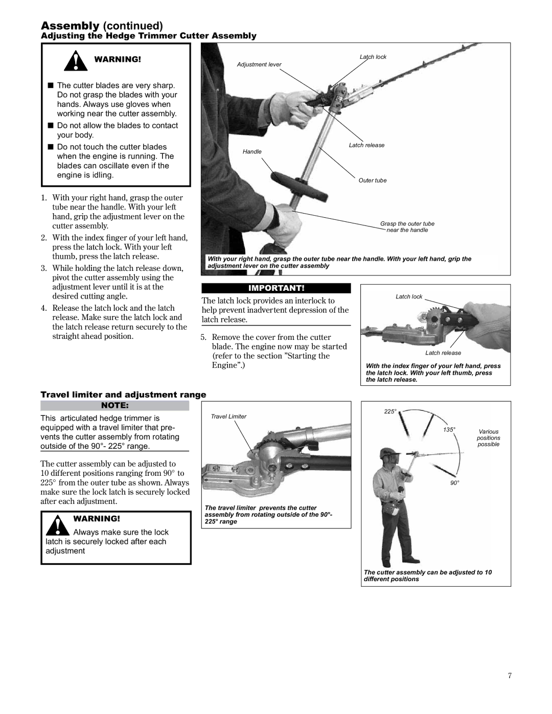 Shindaiwa AHS2510/EVC manual Adjusting the Hedge Trimmer Cutter Assembly, Travel limiter and adjustment range 