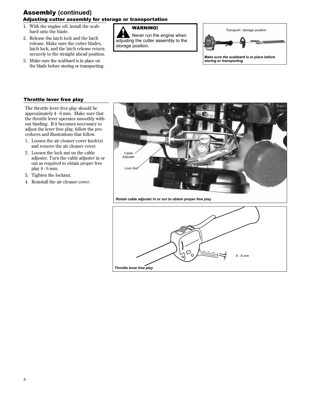 Shindaiwa AHS2510/EVC manual Adjusting cutter assembly for storage or transportation, Throttle lever free play 