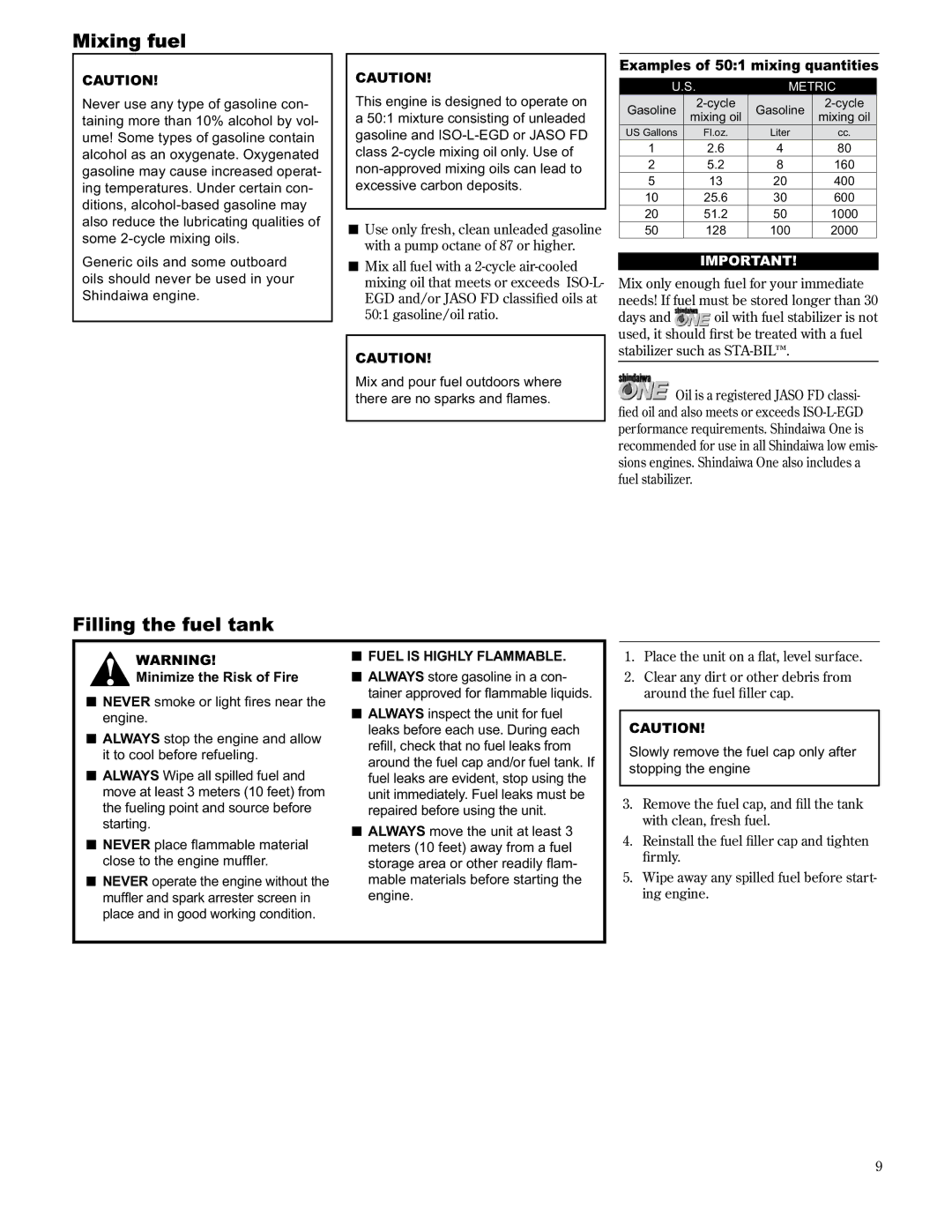 Shindaiwa AHS2510/EVC Mixing fuel, Filling the fuel tank, Examples of 501 mixing quantities, Minimize the Risk of Fire 