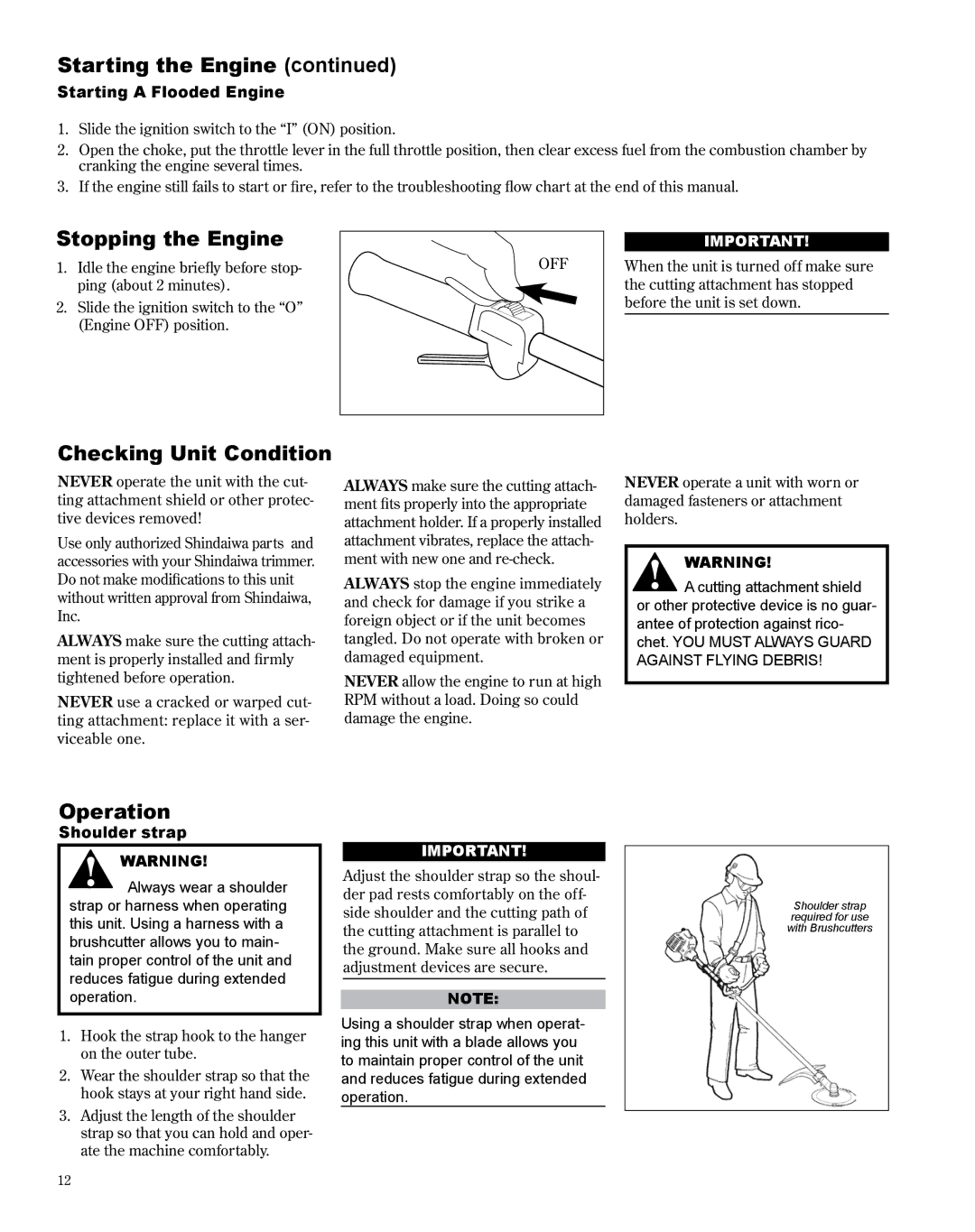 Shindaiwa C282 manual Stopping the Engine, Checking Unit Condition, Operation, Starting a Flooded Engine, Shoulder strap 