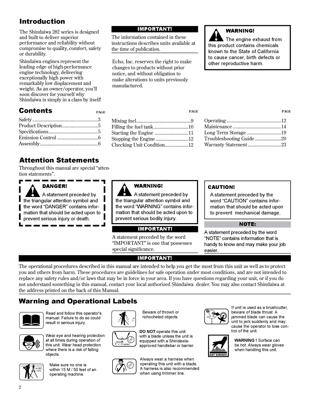 Shindaiwa C282, X7502825300 manual Introduction, Contents 