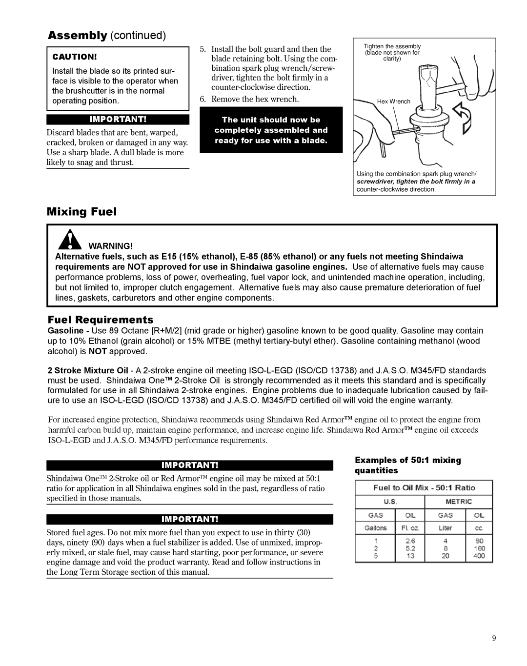 Shindaiwa X7502825300, C282 manual Mixing Fuel, Examples of 501 mixing quantities 