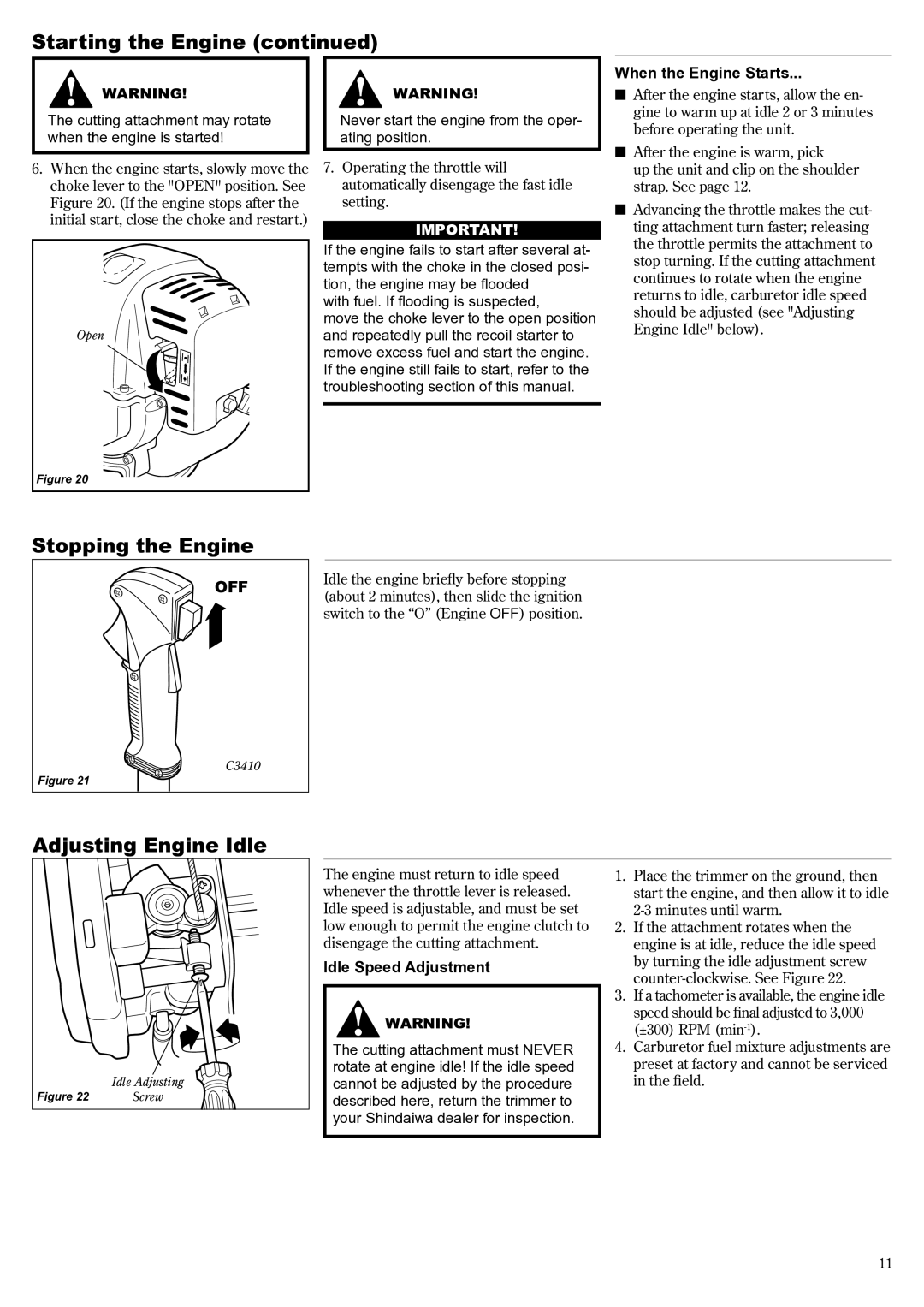 Shindaiwa 81188 manual Stopping the Engine, Adjusting Engine Idle, Cutting attachment may rotate when the engine is started 