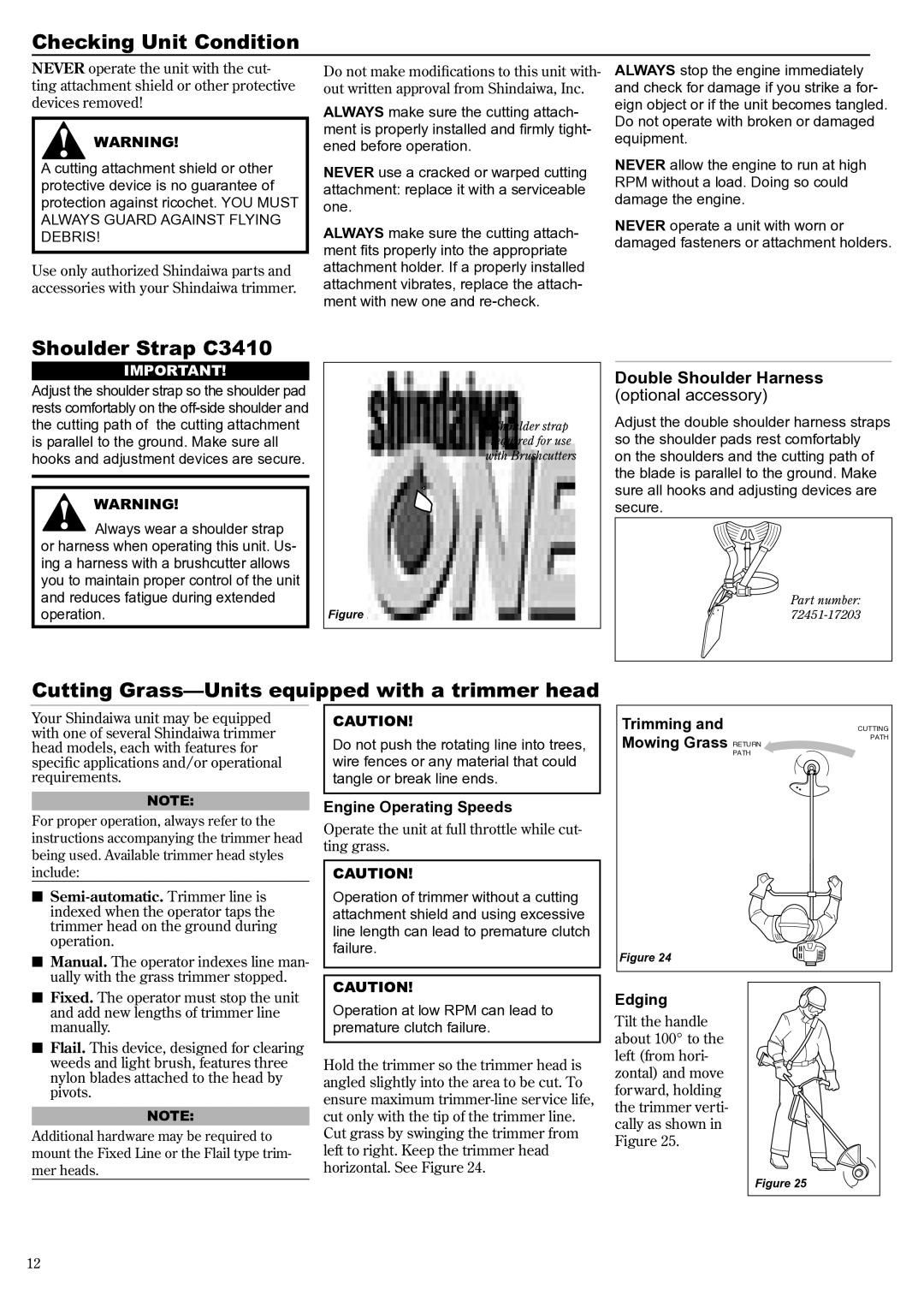Shindaiwa 81188 manual Checking Unit Condition, Shoulder Strap C3410, Cutting Grass-Units equipped with a trimmer head 