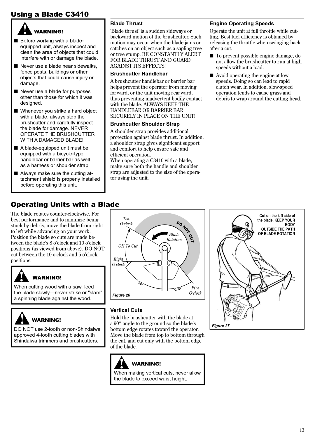 Shindaiwa 81188 manual Using a Blade C3410, Operating Units with a Blade 